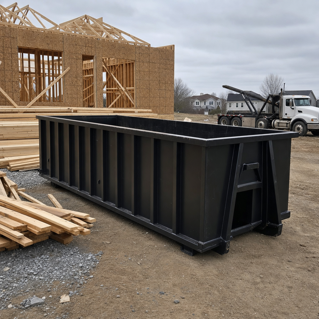 Matte-black 40-yard roll-off dumpster staged on a framed-out residential construction site in El Monte, framing lumber stacked nearby, hooklift delivery truck visible in the background under bright Colorado daylight
