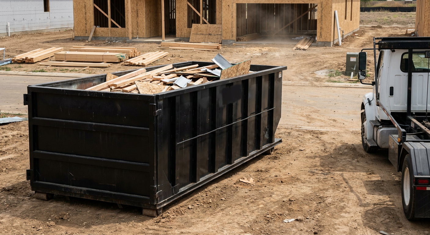 Matte-black 20-yard roll-off construction dumpster with heavy ribbed steel sidewalls and swing rear doors at a working jobsite in El Monte, sitting directly on compacted dirt with an unmarked white hauler partially visible at the far edge of the frame.