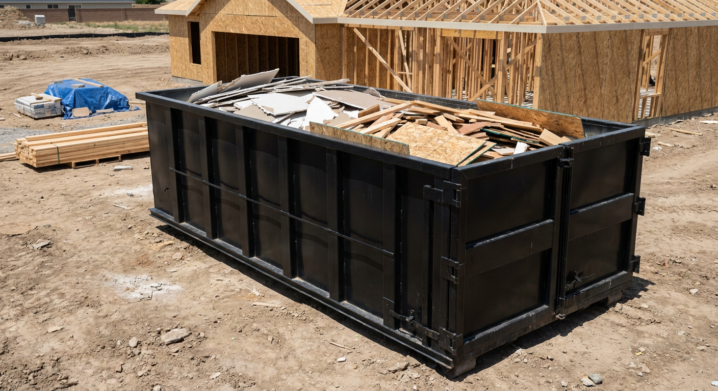 Matte-black 30-yard roll-off construction dumpster sitting directly on the compacted-dirt site of a framed single-family home build in El Monte, drywall and lumber scrap loaded inside.