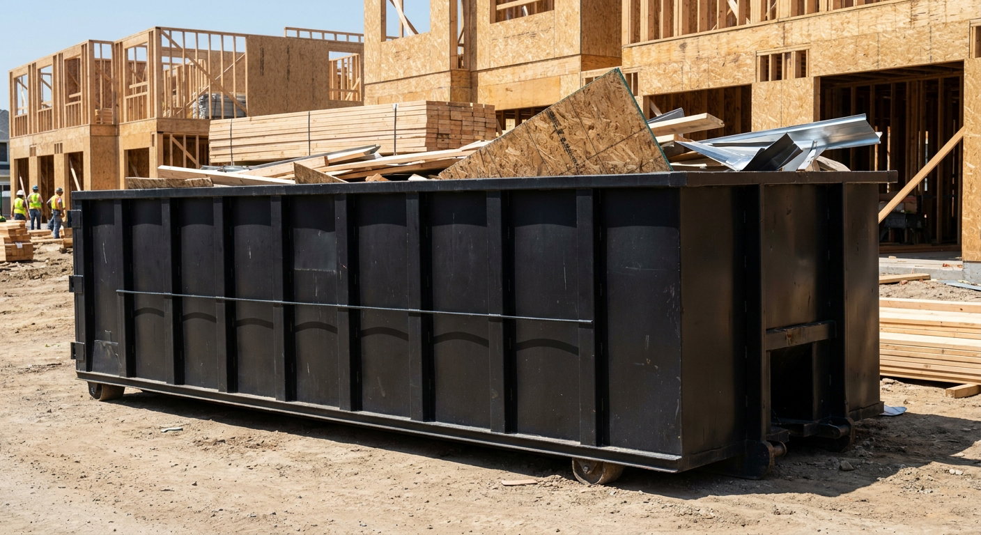Matte-black 40-yard roll-off construction dumpster being lowered from a white-cab hooklift delivery truck onto the compacted-dirt jobsite at a commercial build site in El Monte