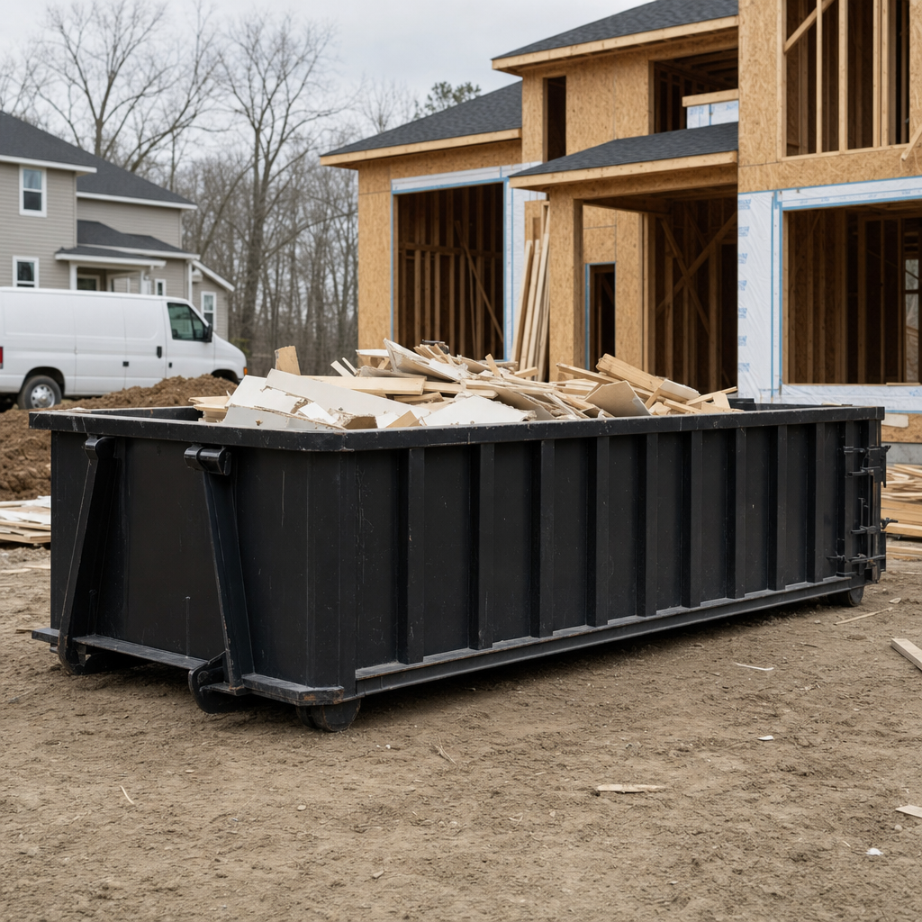 Worker in a yellow high-visibility vest tossing framing lumber and broken drywall into a matte-black 30-yard construction roll-off dumpster on an active build site in El Monte, bright daylight