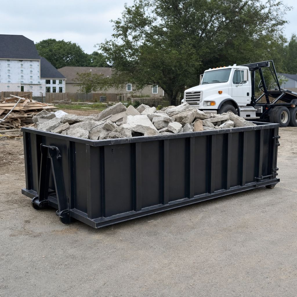 Low-profile matte-black lowboy roll-off dumpster loaded with broken concrete slab and rebar at a foundation tear-out in El Monte, skid steer parked beside it, sunny Colorado morning