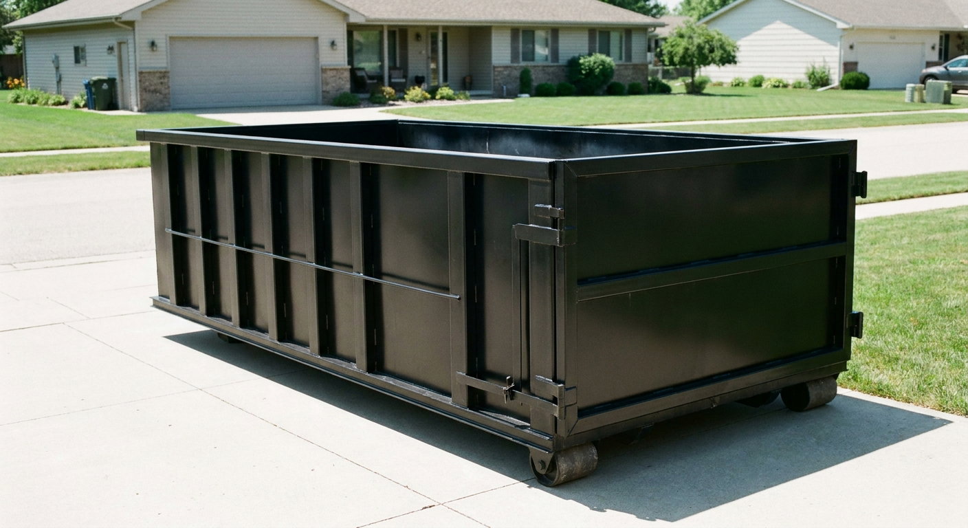 Matte-black 10-yard roll-off dumpster on a residential concrete driveway in El Monte, uniformly painted matte black across every panel and rail, ribbed steel sidewalls and rear swing door visible, mid-day daylight.