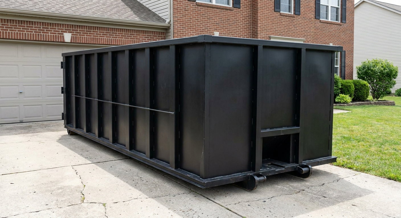 Matte-black 20-yard roll-off container on a El Monte residential concrete driveway with reinforced ribbed steel sidewalls and a hinged rear walk-in door, clean bright daylight.