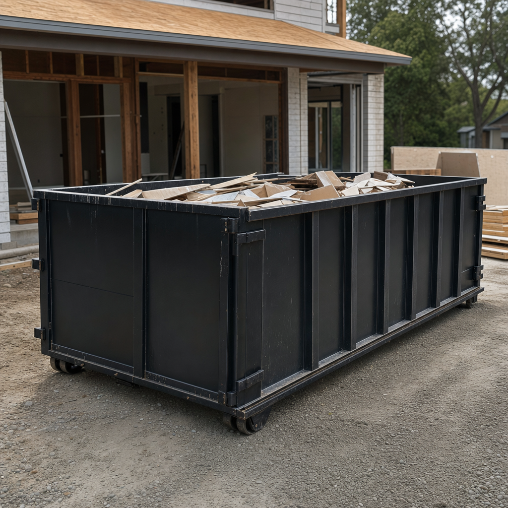 Large matte-black 30-yard construction roll-off dumpster at an active El Monte jobsite, steel-gray top rails and bottom rollers visible, loaded with construction debris.