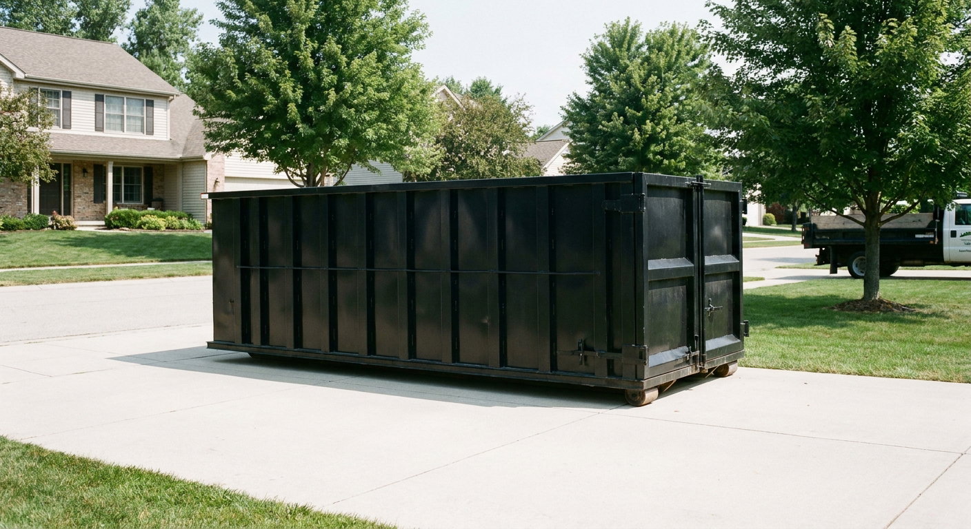 Matte-black 20-yard roll-off dumpster sitting level on a clean El Monte residential concrete driveway under bright daylight, demonstrating clean placement directly on the concrete.