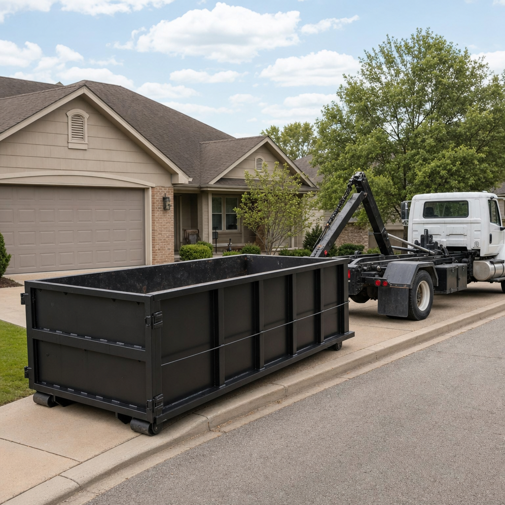Wide documentary shot of a matte-black roll-off dumpster on a El Monte residential driveway in the foreground and a contractor jobsite container in the soft-focus background, bright daylight, calm and orderly composition.