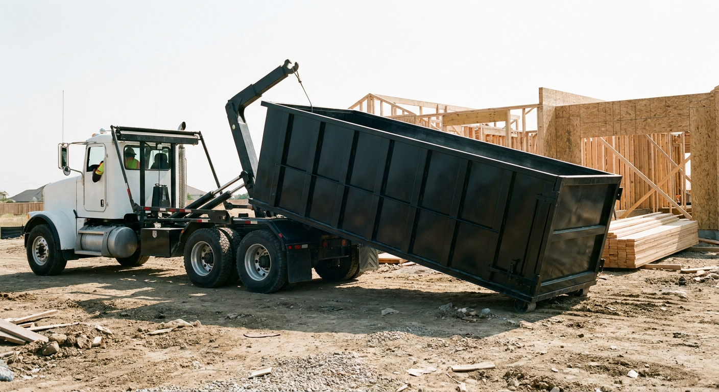 Matte-black roll-off dumpster being delivered onto a clean residential concrete driveway in El Monte by an unmarked white hooklift hauler truck, bright morning daylight, documentary 35mm perspective.