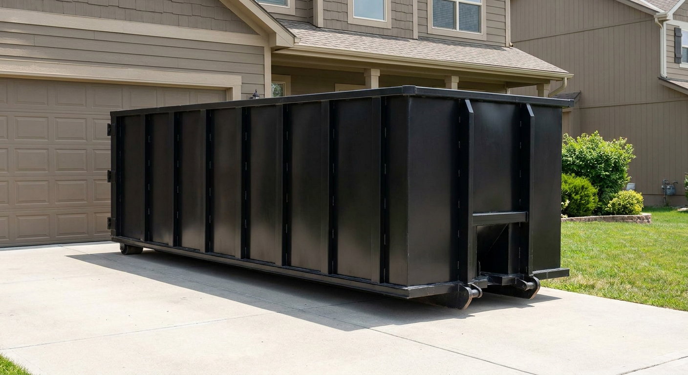Matte-black residential roll-off dumpster sitting directly on a suburban El Monte concrete driveway, garage door closed, single-family home in background, bright morning daylight.