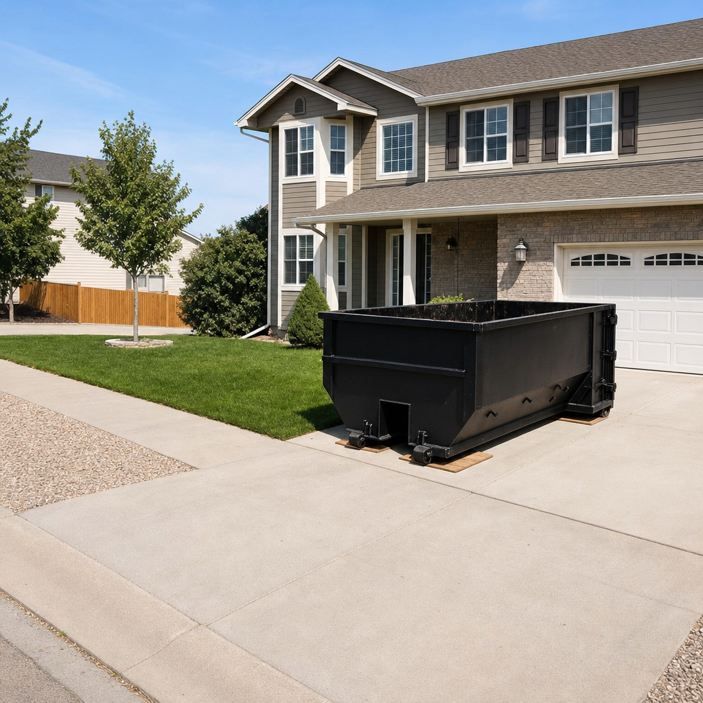 10-yard matte-black residential dumpster placed directly on a narrow El Monte concrete driveway, room remains for a parked sedan beside it, mid-morning natural light