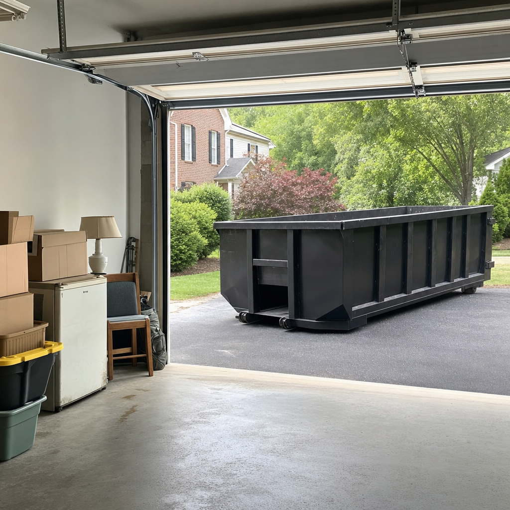 Open garage interior in a El Monte home mid-cleanout — boxed items, an old appliance, and stacked yard tools queued near the driveway for a matte-black roll-off dumpster, organized and calm