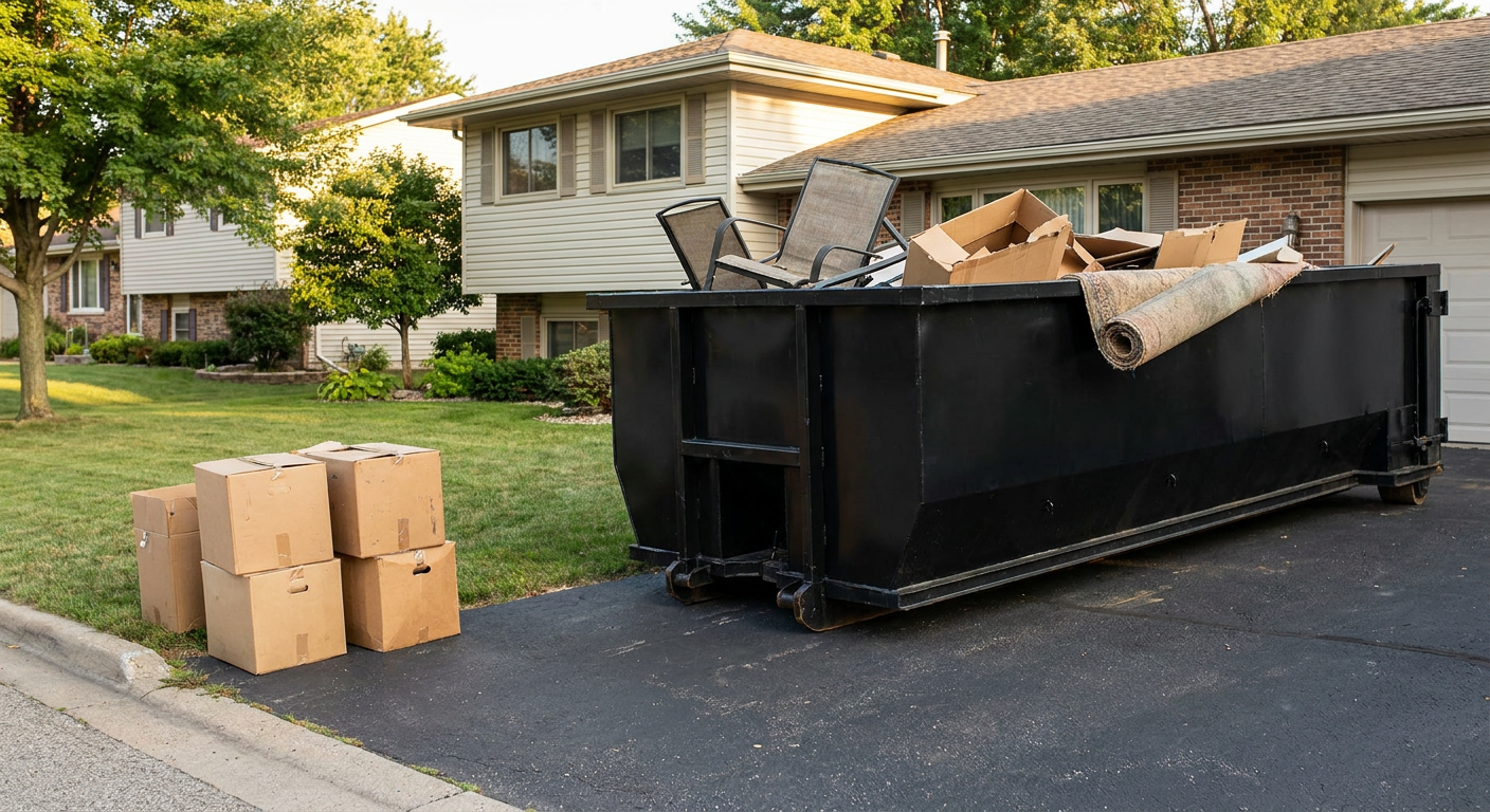 Front-yard view of a El Monte split-level home with a 20-yard matte-black roll-off dumpster sitting directly on the asphalt driveway, a few clearly labeled donation boxes staged at the curb, calm sunny afternoon.