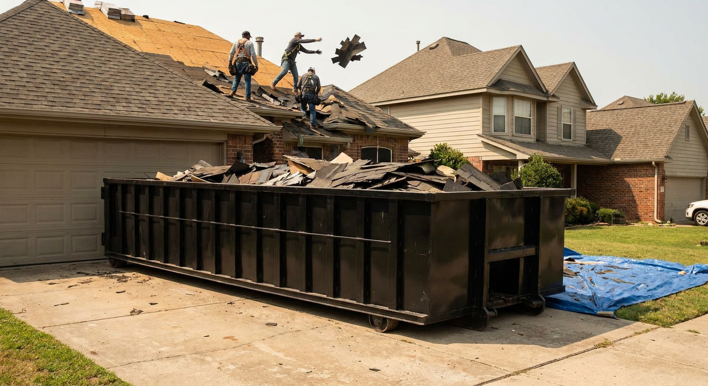 Matte-black roofing roll-off dumpster placed directly on a El Monte residential concrete driveway, a tear-off crew on a two-story asphalt-shingle roof tossing shingle bundles into the low-walled container, bright daylight, documentary 35mm perspective.