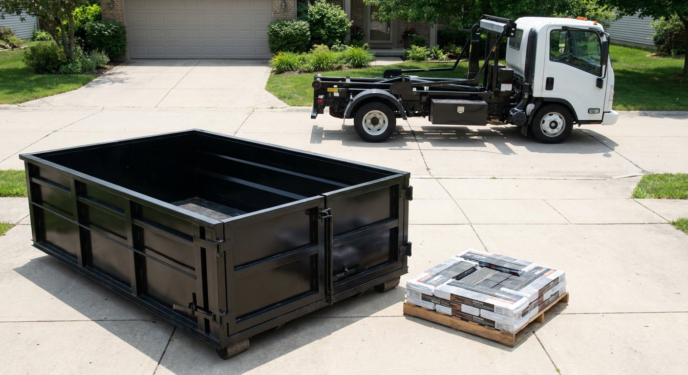 Matte-black 15-yard roofing roll-off dumpster with reinforced low side walls sitting directly on a El Monte residential concrete driveway, three-tab asphalt shingle bundles stacked nearby, an unmarked white hauler truck partially visible at the edge of the frame.
