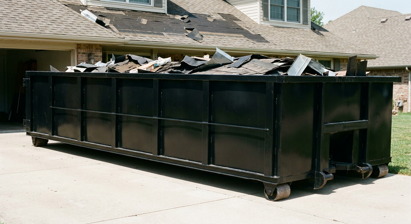 Matte-black 20-yard roofing roll-off dumpster with steel ribbed sides and swinging rear door, sitting directly on the concrete driveway of a two-story El Monte home, asphalt shingle debris being loaded over the low wall, clean documentary lighting.