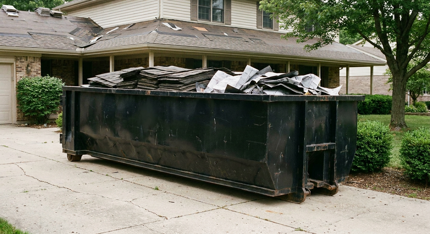 Matte-black 30-yard roofing roll-off dumpster sitting directly on a El Monte concrete driveway, taller ribbed steel side panels, mixed tear-off debris of asphalt shingles and underlayment inside, professional documentary daylight.