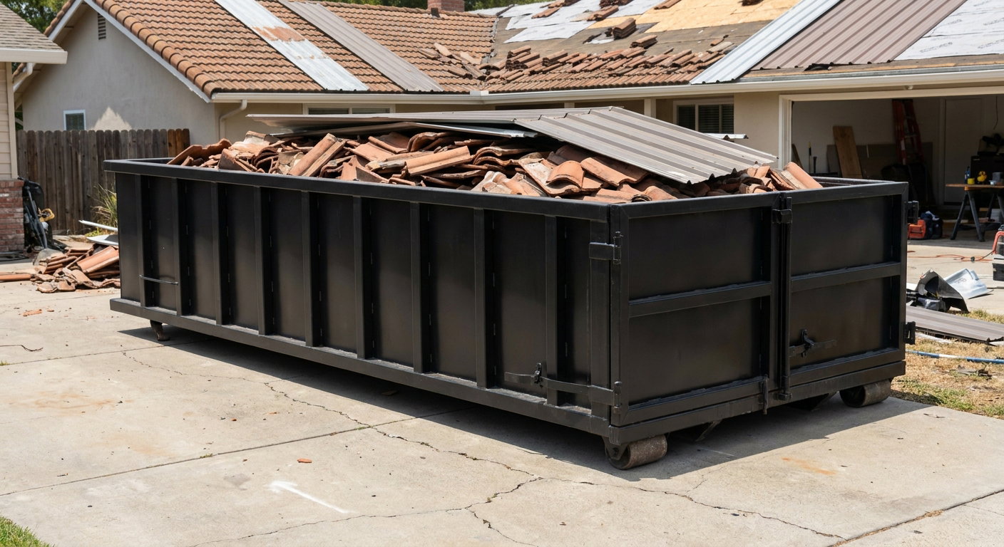 Matte-black low-wall heavy-debris roofing roll-off dumpster sitting directly on a El Monte concrete driveway, broken concrete clay roof tiles and metal panel sections loaded inside, reinforced ribbed steel side walls visible, bright outdoor daylight.