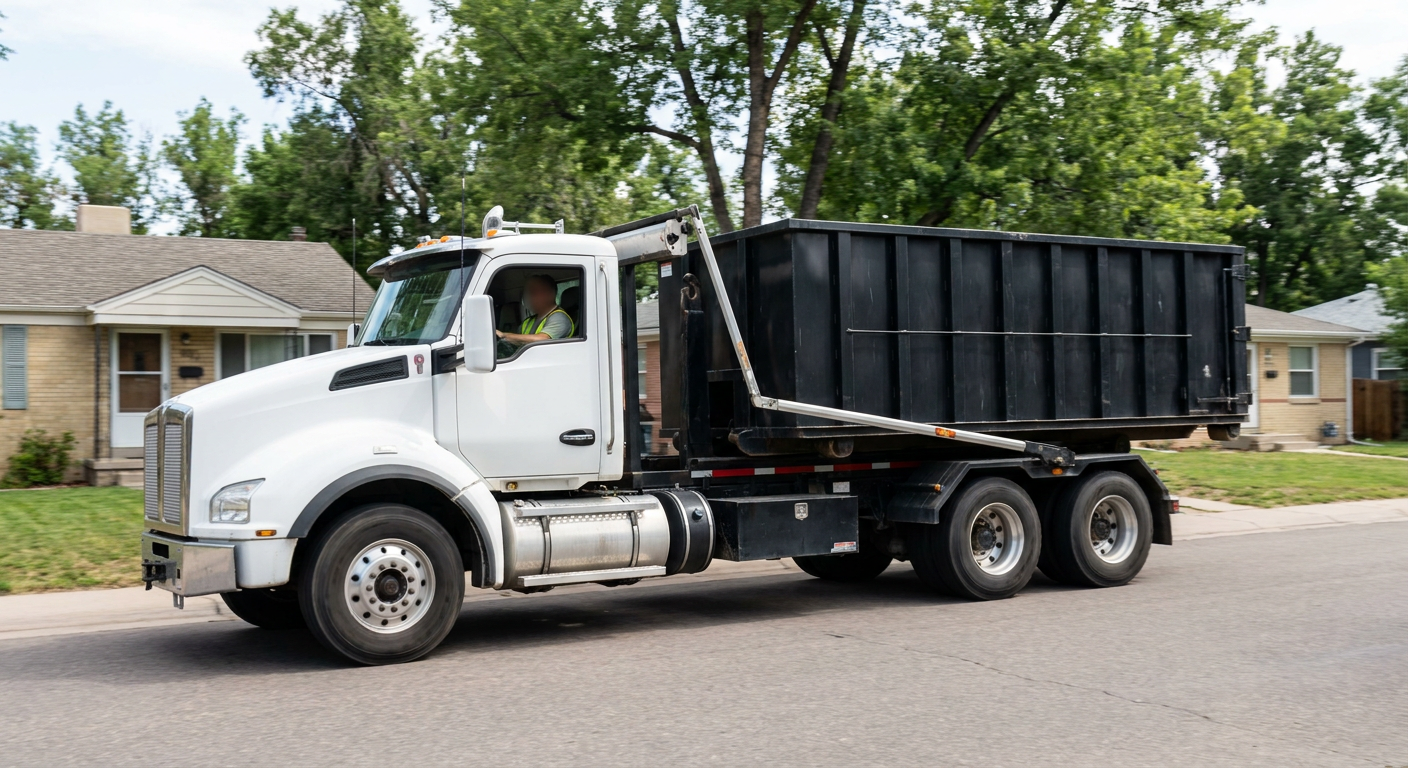 A wide documentary shot of a matte-black roll-off delivery truck pulling onto a quiet El Monte residential street at mid-morning, with neighborhood rooftops and tree-lined blocks visible behind, showing the metro coverage footprint.