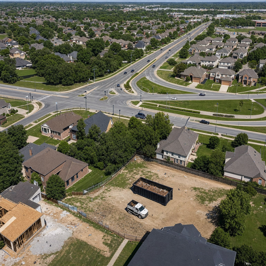 An overhead documentary view of the El Monte metro area at midday, showing the spread of neighborhoods, arterial roads, and the dispatch radius from a central yard — clean daylight, organized geographic layout.