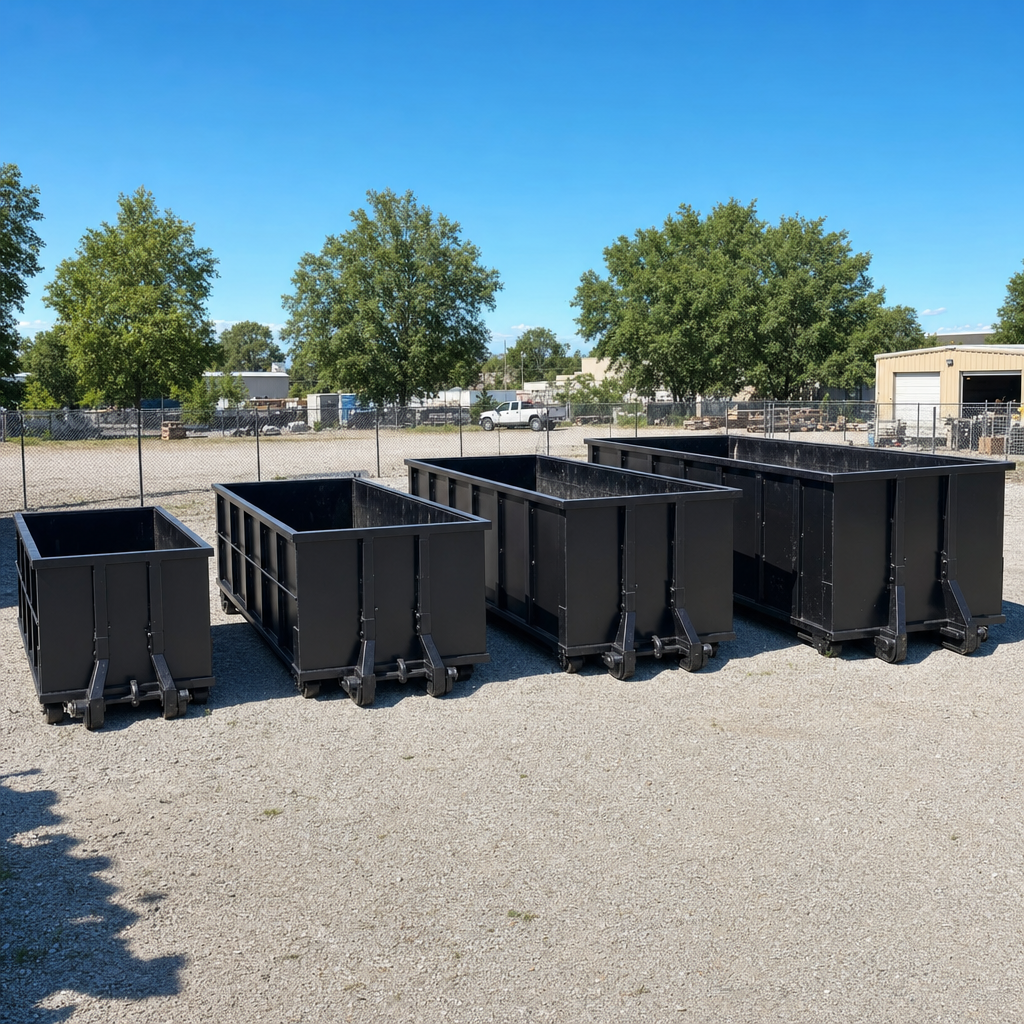 A clean lineup of matte-black roll-off dumpsters in 10, 20, 30, and 40-yard sizes staged on a sunlit gravel yard in El Monte, showing the size progression from compact to commercial-scale containers.