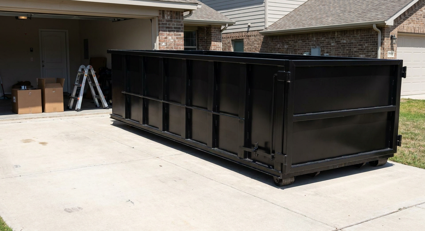 A matte-black 10-yard roll-off dumpster sitting directly on a residential El Monte concrete driveway, mid-day sunlight, clean and ready for a garage cleanout.
