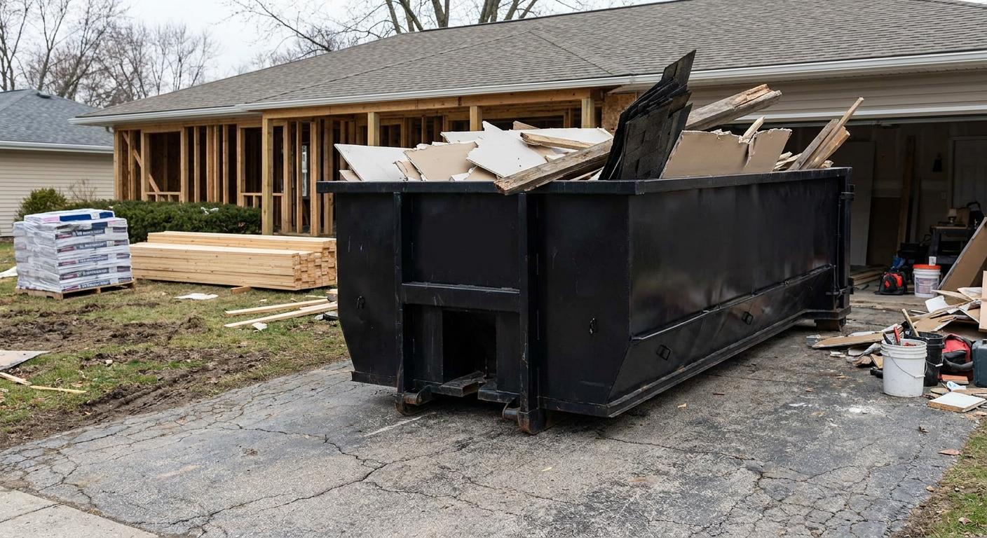 A matte-black 20-yard roll-off dumpster placed alongside a mid-renovation El Monte home directly on the asphalt driveway, with framing materials and torn-off shingles staged neatly nearby.