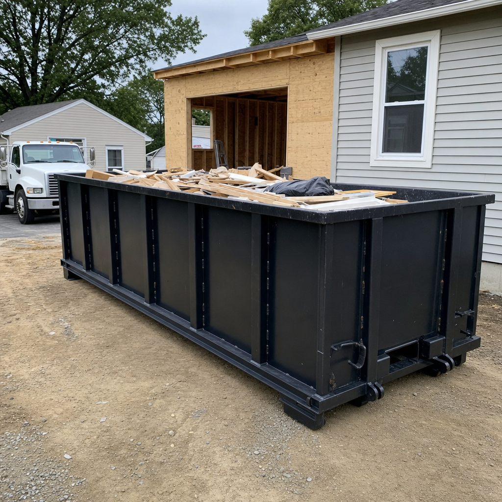 A matte-black 30-yard roll-off dumpster positioned at a El Monte residential addition jobsite, with framing lumber and drywall scraps loaded through the open swinging rear doors.