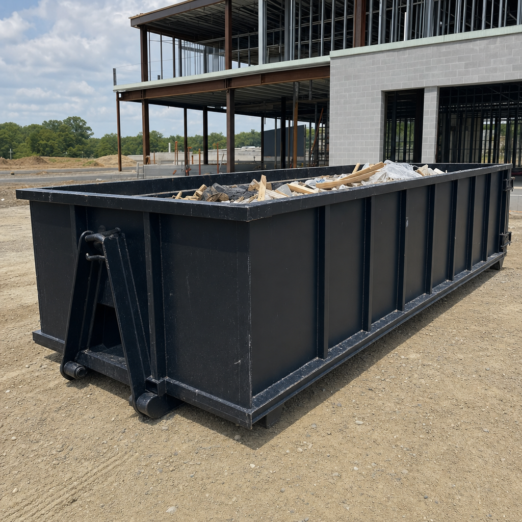 A matte-black 40-yard roll-off dumpster staged on a large El Monte commercial construction lot, with a hooklift delivery truck parked alongside under bright midday sky.