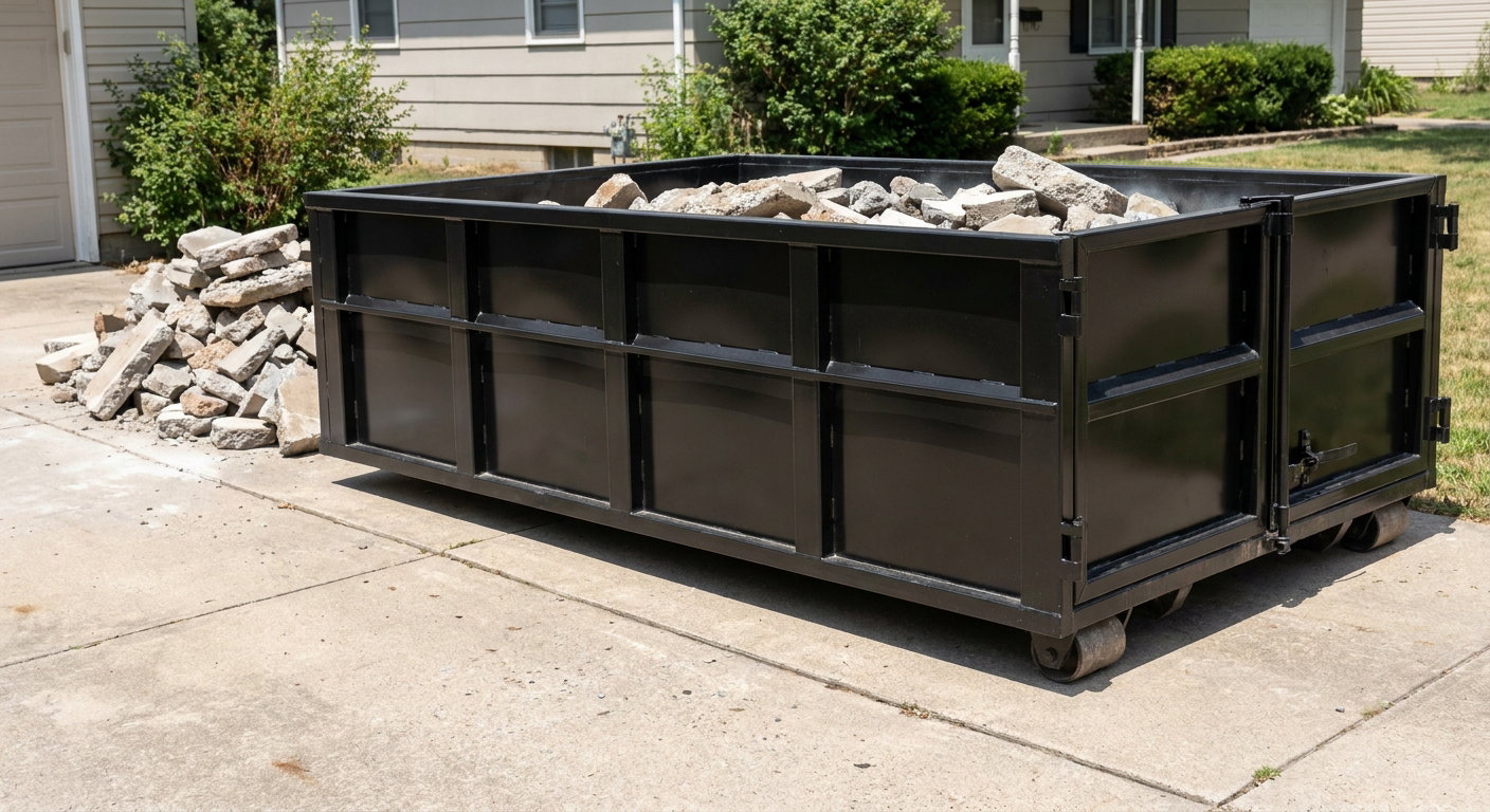 A matte-black low-side heavy-debris roll-off dumpster placed directly on a El Monte concrete driveway, with broken concrete chunks neatly stacked beside it under clean daylight.